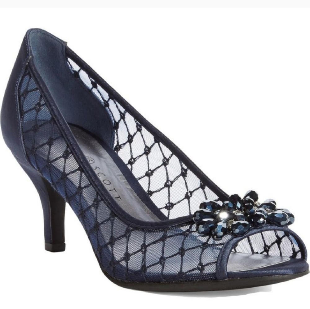 Karen Scott Women's Maralyn Navy Open Toe Rhinestone Heels Shoes Previously Worn